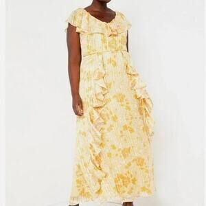 Eloquii Golden Yellow Floral Metallic Stripe Ruffle Sleeveless Maxi Dress